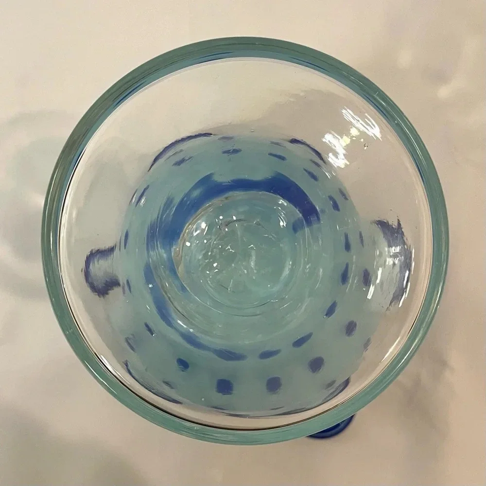 Blue Polka Dot & Stripped Blown Glass Fluted Ruffle Vase Handmade Unique